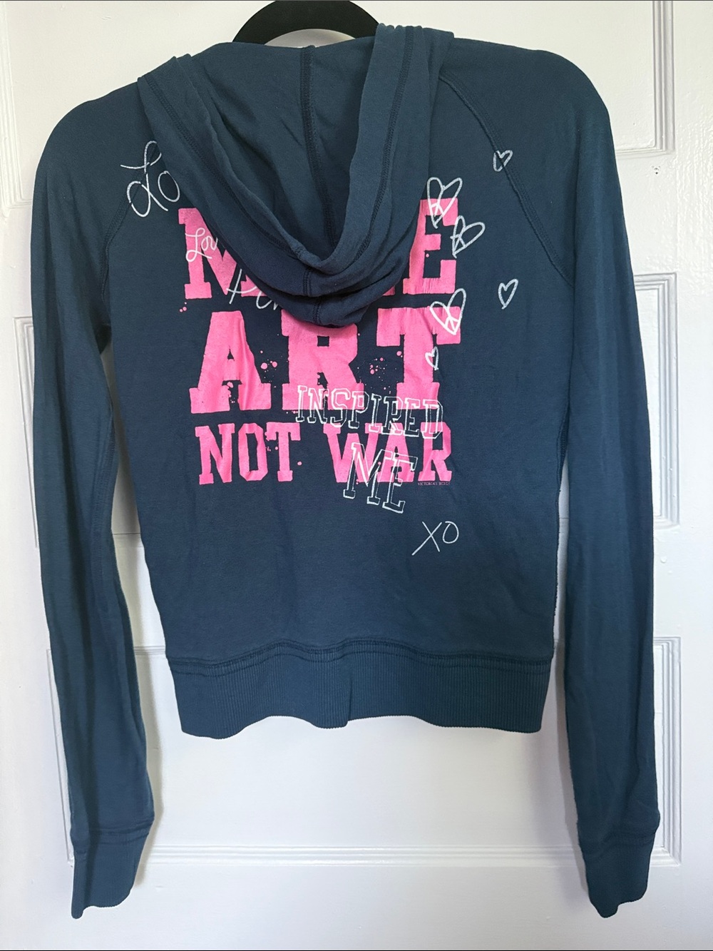 Vintage Y2K Victoria's Secret PINK Navy Hoodie with Pink MAKE ART NOT WAR Small - Picture 4 of 8